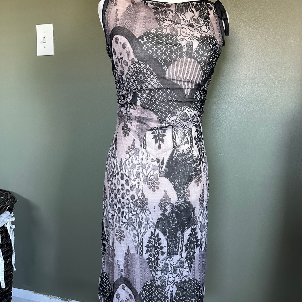 Unger Black White Floral Sheath Dress Ruched L (Fits 4/6)